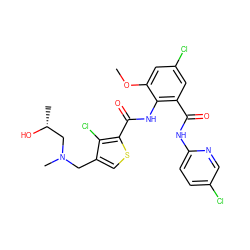 COc1cc(Cl)cc(C(=O)Nc2ccc(Cl)cn2)c1NC(=O)c1scc(CN(C)C[C@@H](C)O)c1Cl ZINC000014963062