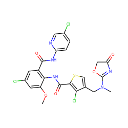 COc1cc(Cl)cc(C(=O)Nc2ccc(Cl)cn2)c1NC(=O)c1scc(CN(C)C2=NC(=O)CO2)c1Cl ZINC000014963141