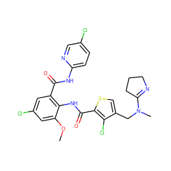 COc1cc(Cl)cc(C(=O)Nc2ccc(Cl)cn2)c1NC(=O)c1scc(CN(C)C2=NCCC2)c1Cl ZINC000014963152