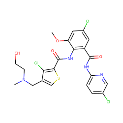 COc1cc(Cl)cc(C(=O)Nc2ccc(Cl)cn2)c1NC(=O)c1scc(CN(C)CCO)c1Cl ZINC000014963054