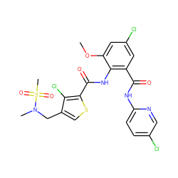 COc1cc(Cl)cc(C(=O)Nc2ccc(Cl)cn2)c1NC(=O)c1scc(CN(C)S(C)(=O)=O)c1Cl ZINC000014963089