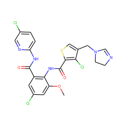 COc1cc(Cl)cc(C(=O)Nc2ccc(Cl)cn2)c1NC(=O)c1scc(CN2C=NCC2)c1Cl ZINC000014963184