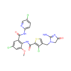 COc1cc(Cl)cc(C(=O)Nc2ccc(Cl)cn2)c1NC(=O)c1scc(CN2CC(=O)N=C2N)c1Cl ZINC000014963170