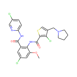 COc1cc(Cl)cc(C(=O)Nc2ccc(Cl)cn2)c1NC(=O)c1scc(CN2CCCC2)c1Cl ZINC000014963046