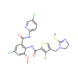 COc1cc(Cl)cc(C(=O)Nc2ccc(Cl)cn2)c1NC(=O)c1scc(CN2CCN=C2SC)c1Cl ZINC000014963175