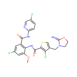 COc1cc(Cl)cc(C(=O)Nc2ccc(Cl)cn2)c1NC(=O)c1scc(CN2CCOC2=N)c1Cl ZINC000014963156