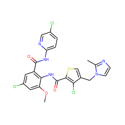 COc1cc(Cl)cc(C(=O)Nc2ccc(Cl)cn2)c1NC(=O)c1scc(Cn2ccnc2C)c1Cl ZINC000014963201