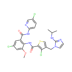 COc1cc(Cl)cc(C(=O)Nc2ccc(Cl)cn2)c1NC(=O)c1scc(Cn2ccnc2NC(C)C)c1Cl ZINC000014963219