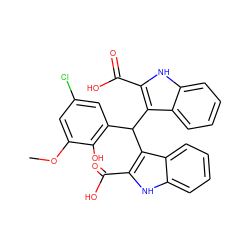 COc1cc(Cl)cc(C(c2c(C(=O)O)[nH]c3ccccc23)c2c(C(=O)O)[nH]c3ccccc23)c1O ZINC000013153072