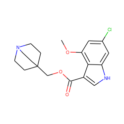 COc1cc(Cl)cc2[nH]cc(C(=O)OCC34CCN(CC3)CC4)c12 ZINC001772598198