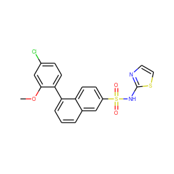 COc1cc(Cl)ccc1-c1cccc2cc(S(=O)(=O)Nc3nccs3)ccc12 ZINC000206131821