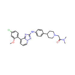 COc1cc(Cl)ccc1-c1cccn2nc(Nc3ccc(C4CCN(CC(=O)N(C)C)CC4)cc3)nc12 ZINC000096169833