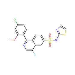 COc1cc(Cl)ccc1-c1ncc(F)c2cc(S(=O)(=O)Nc3nccs3)ccc12 ZINC000225055748
