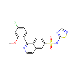 COc1cc(Cl)ccc1-c1nccc2cc(S(=O)(=O)Nc3ncns3)ccc12 ZINC000215514193