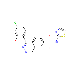 COc1cc(Cl)ccc1-c1nncc2cc(S(=O)(=O)Nc3nccs3)ccc12 ZINC000215506116