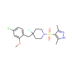 COc1cc(Cl)ccc1CC1(F)CCN(S(=O)(=O)c2c(C)n[nH]c2C)CC1 ZINC000207081632