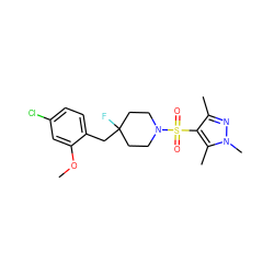 COc1cc(Cl)ccc1CC1(F)CCN(S(=O)(=O)c2c(C)nn(C)c2C)CC1 ZINC000207081699