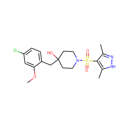 COc1cc(Cl)ccc1CC1(O)CCN(S(=O)(=O)c2c(C)n[nH]c2C)CC1 ZINC000207315505