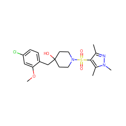 COc1cc(Cl)ccc1CC1(O)CCN(S(=O)(=O)c2c(C)nn(C)c2C)CC1 ZINC000207315443