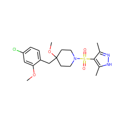 COc1cc(Cl)ccc1CC1(OC)CCN(S(=O)(=O)c2c(C)n[nH]c2C)CC1 ZINC000207114158