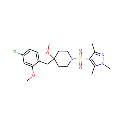 COc1cc(Cl)ccc1CC1(OC)CCN(S(=O)(=O)c2c(C)nn(C)c2C)CC1 ZINC000216304269