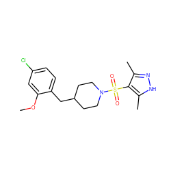 COc1cc(Cl)ccc1CC1CCN(S(=O)(=O)c2c(C)n[nH]c2C)CC1 ZINC000216303916