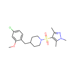 COc1cc(Cl)ccc1CC1CCN(S(=O)(=O)c2c(C)nn(C)c2C)CC1 ZINC000205825865