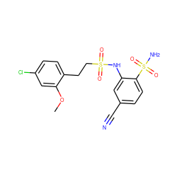 COc1cc(Cl)ccc1CCS(=O)(=O)Nc1cc(C#N)ccc1S(N)(=O)=O ZINC000148963800