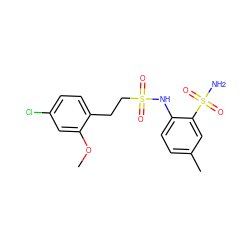 COc1cc(Cl)ccc1CCS(=O)(=O)Nc1ccc(C)cc1S(N)(=O)=O ZINC000148386592