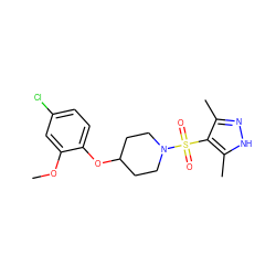 COc1cc(Cl)ccc1OC1CCN(S(=O)(=O)c2c(C)n[nH]c2C)CC1 ZINC000207299281