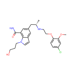 COc1cc(Cl)ccc1OCCN[C@@H](C)Cc1cc(C(N)=O)c2c(ccn2CCCO)c1 ZINC000653833250