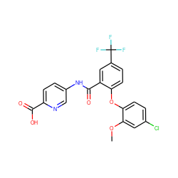 COc1cc(Cl)ccc1Oc1ccc(C(F)(F)F)cc1C(=O)Nc1ccc(C(=O)O)nc1 ZINC000143178914