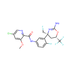 COc1cc(Cl)cnc1C(=O)Nc1ccc(F)c([C@]2(CF)C[C@@H](C(F)(F)F)OC(N)=N2)c1 ZINC000221123629