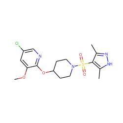 COc1cc(Cl)cnc1OC1CCN(S(=O)(=O)c2c(C)n[nH]c2C)CC1 ZINC000207315318