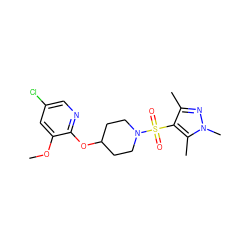 COc1cc(Cl)cnc1OC1CCN(S(=O)(=O)c2c(C)nn(C)c2C)CC1 ZINC000207315255