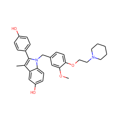 COc1cc(Cn2c(-c3ccc(O)cc3)c(C)c3cc(O)ccc32)ccc1OCCN1CCCCC1 ZINC000139478192