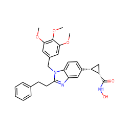 COc1cc(Cn2c(CCc3ccccc3)nc3cc([C@@H]4C[C@@H]4C(=O)NO)ccc32)cc(OC)c1OC ZINC000034417614