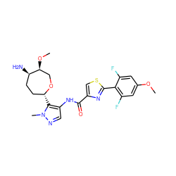 COc1cc(F)c(-c2nc(C(=O)Nc3cnn(C)c3[C@@H]3CC[C@@H](N)[C@@H](OC)CO3)cs2)c(F)c1 ZINC000216888050