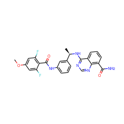 COc1cc(F)c(C(=O)Nc2cccc([C@@H](C)Nc3ncnc4c(C(N)=O)cccc34)c2)c(F)c1 ZINC000114349377