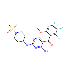 COc1cc(F)c(F)c(F)c1C(=O)c1cnc(NC2CCN(S(C)(=O)=O)CC2)nc1N ZINC000014950281