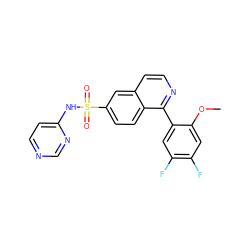 COc1cc(F)c(F)cc1-c1nccc2cc(S(=O)(=O)Nc3ccncn3)ccc12 ZINC000206093440
