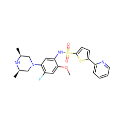 COc1cc(F)c(N2C[C@H](C)N[C@H](C)C2)cc1NS(=O)(=O)c1ccc(-c2ccccn2)s1 ZINC000095598569