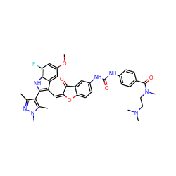 COc1cc(F)c2[nH]c(-c3c(C)nn(C)c3C)c(/C=C3/Oc4ccc(NC(=O)Nc5ccc(C(=O)N(C)CCN(C)C)cc5)cc4C3=O)c2c1 ZINC000049774625