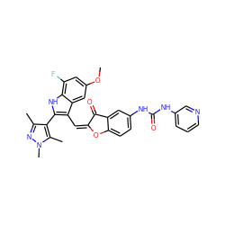 COc1cc(F)c2[nH]c(-c3c(C)nn(C)c3C)c(/C=C3/Oc4ccc(NC(=O)Nc5cccnc5)cc4C3=O)c2c1 ZINC000049775798