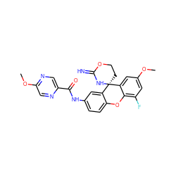 COc1cc(F)c2c(c1)[C@@]1(CCOC(=N)N1)c1cc(NC(=O)c3cnc(OC)cn3)ccc1O2 ZINC001772580098