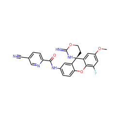 COc1cc(F)c2c(c1)[C@]1(CCOC(=N)N1)c1cc(NC(=O)c3ccc(C#N)cn3)ccc1O2 ZINC001772628922