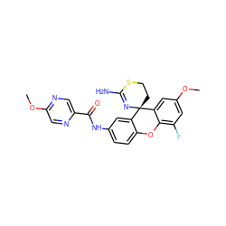 COc1cc(F)c2c(c1)[C@]1(CCSC(N)=N1)c1cc(NC(=O)c3cnc(OC)cn3)ccc1O2 ZINC000205171263