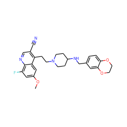 COc1cc(F)c2ncc(C#N)c(CCN3CCC(NCc4ccc5c(c4)OCCO5)CC3)c2c1 ZINC000045323721