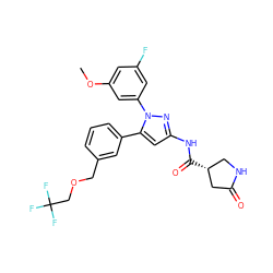 COc1cc(F)cc(-n2nc(NC(=O)[C@@H]3CNC(=O)C3)cc2-c2cccc(COCC(F)(F)F)c2)c1 ZINC000169707430