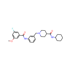 COc1cc(F)cc(C(=O)Nc2cccc(CN3CCC(C(=O)NC4CCCCC4)CC3)c2)c1 ZINC000210677969